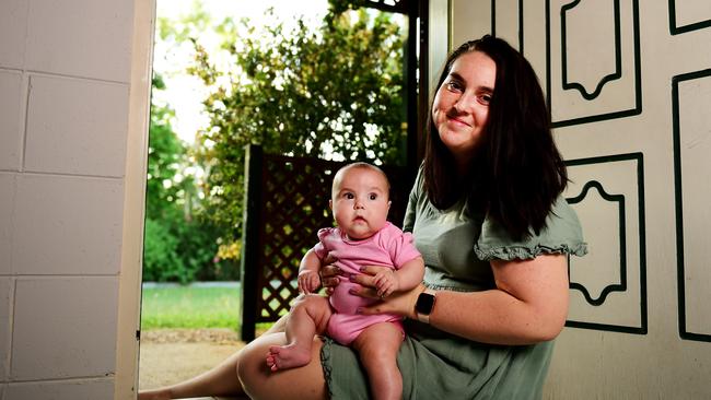 Grace Blacklock with her 4 month old daughter Katie Searle, speaks candidly about her struggles with perinatal anxiety and raising a baby during COVID-19. Picture: Alix Sweeney