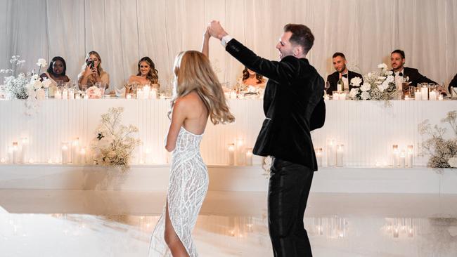 Penelope and Lorenzo - pictured here on the dance floor - married at The Greek Orthodox Church, West End. Picture: Evernew Studios