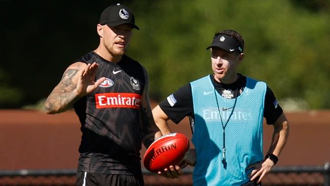 Jordan De Goey with coach Craig McRae at Collingwood training. Picture: Michael Willson/AFL Photos