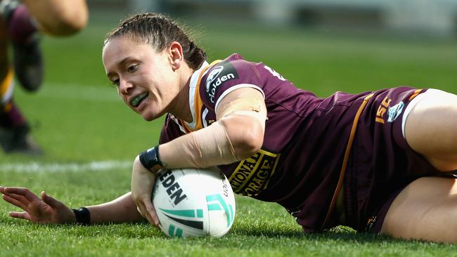 Brittany Breayley scores a try for the Broncos. Picture: Getty Images