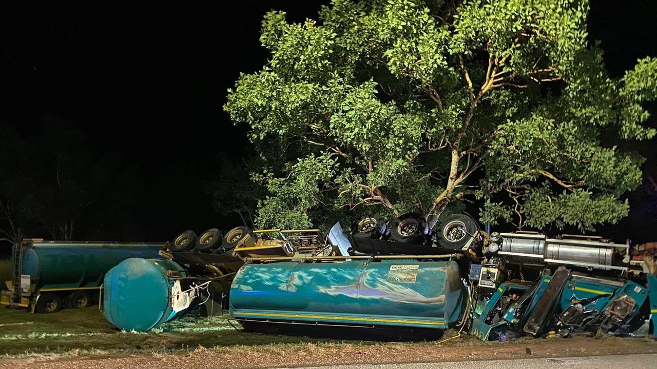 A large fuel tanker has rolled in Pine Creek, south of Darwin. Picture: Wayne Legwidge / Facebook