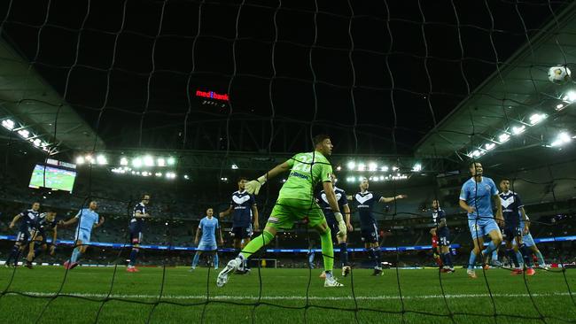 Victory goalkeeper Max Crocombe looks on as Florin Berenguer of Melbourne City scores at Marvel Stadium. Picture: Getty Images