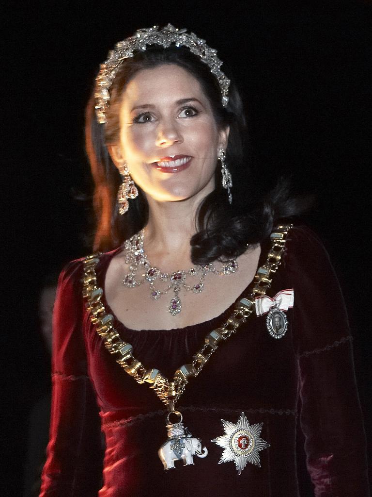 THEN: Princess Mary wears the Birgit Hallstein burgundy velvet gown for the first time at the traditional new year’s banquet for the government and top officials of the administration in Copenhagen in 2007. Picture: POLFOTO