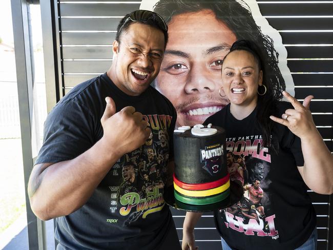 Jarome Luai’s dad Martin (left) has been banned from social media by mum Raumako after sending Wests Tigers fans into a panic. Picture: Darren Leigh Roberts