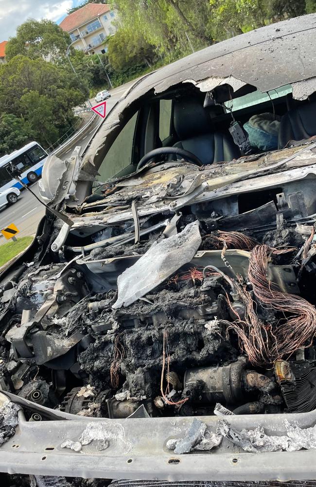 The damage sustained in the fire after Jessica Rowe's car burst into flames in Rose Bay. Picture: Supplied