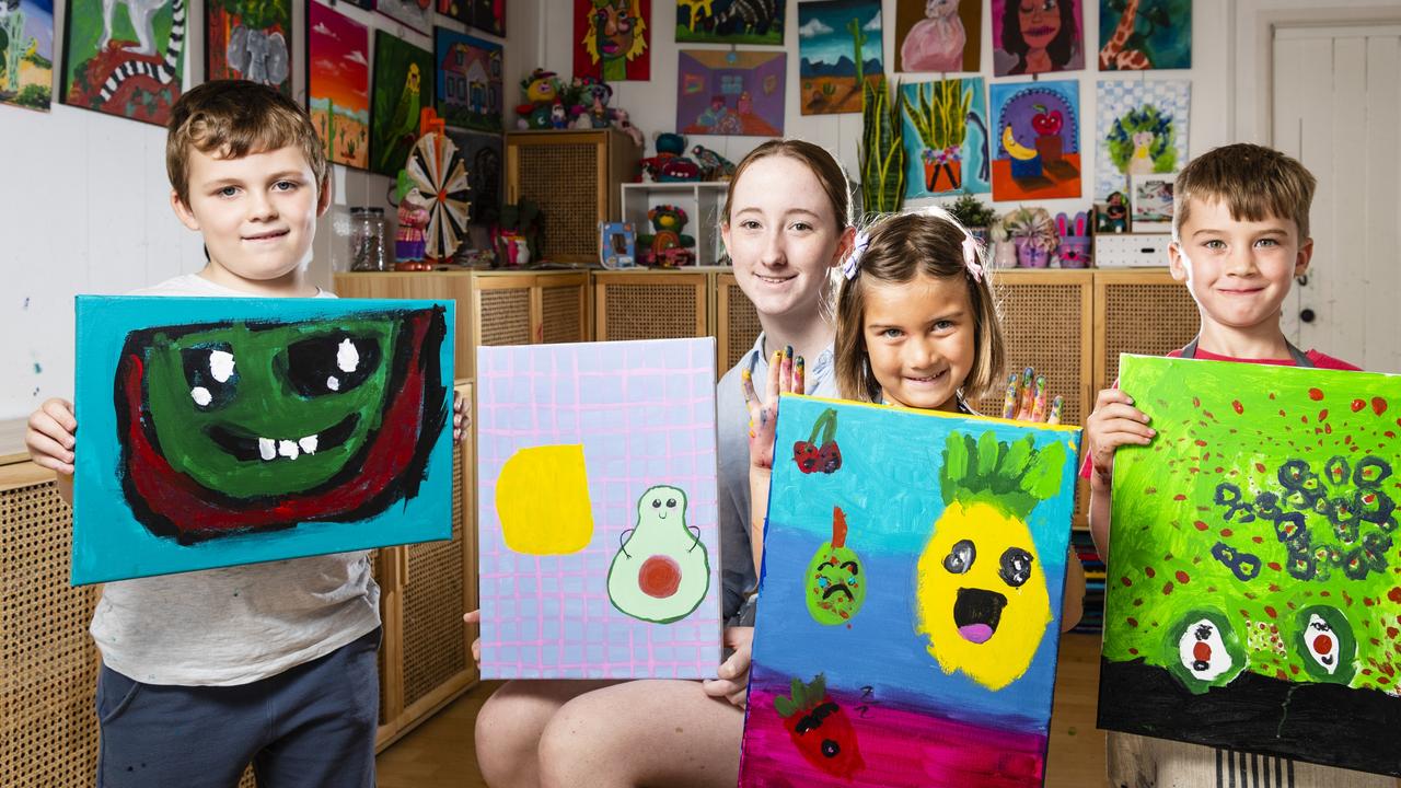 Showing their work are (from left) Traeger Avery, Abby Wilson, Skye Middleton-Kailola and Alfie Benventi after holiday kids workshops at Tinker. Picture: Kevin Farmer