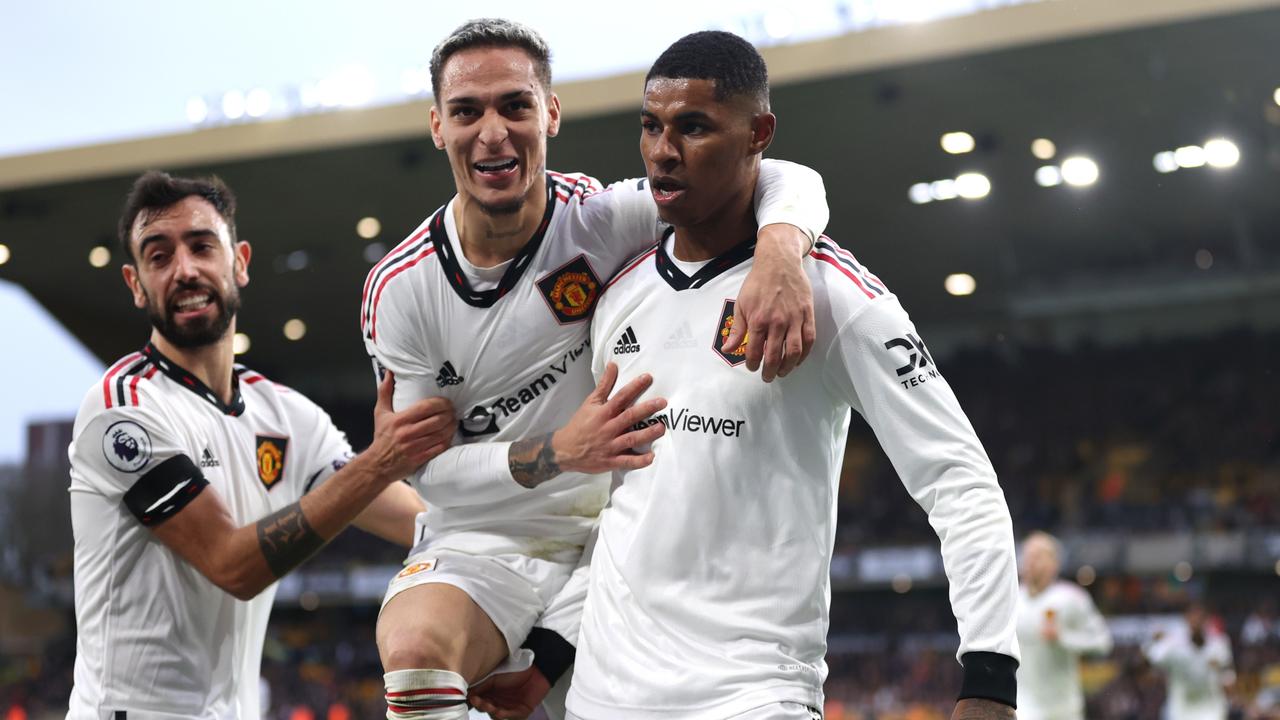 WOLVERHAMPTON, ENGLAND – DECEMBER 31: Marcus Rashford of Manchester United celebrates after scoring a goal, which is later disallowed following a Handball decision via a VAR Review, during the Premier League match between Wolverhampton Wanderers and Manchester United at Molineux on December 31, 2022 in Wolverhampton, England. (Photo by Naomi Baker/Getty Images)