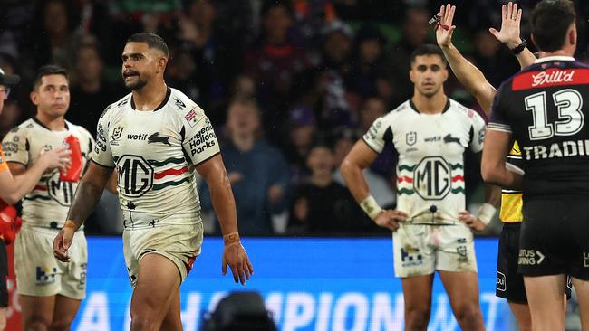MELBOURNE, AUSTRALIA - APRIL 25: LatrellÃÂ Mitchell of the Rabbitohs is sent to the sin-bin by referee Peter Gough during the round eight NRL match between the Melbourne Storm and South Sydney Rabbitohs at AAMI Park on April 25, 2025, in Melbourne, Australia. (Photo by Robert Cianflone/Getty Images)