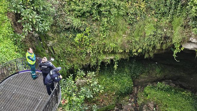 Police, rescue and emergency services at Mount Gambier's Cave Gardens after reports a man was stuck in the cave system. Picture: Josh Lynagh/ Limestone Coast Community News