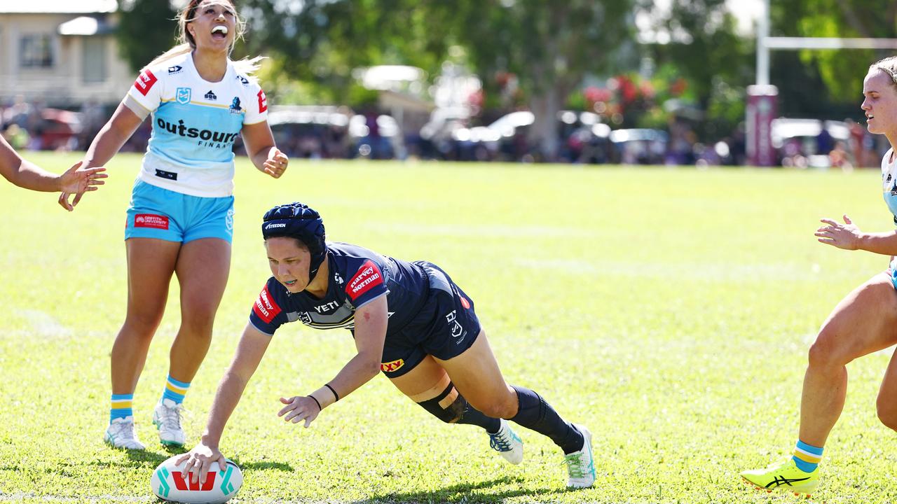 Tahlulah Tillett scores a try in the NRLW pre season match between the North Queensland Cowboys women and the Gold Coast Titans women's team, held at Alley Park, Gordonvale. Picture: Brendan Radke