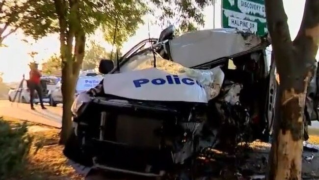 Moreton Bay man arrested after crashing cop car. Picture – 9News Queensland.