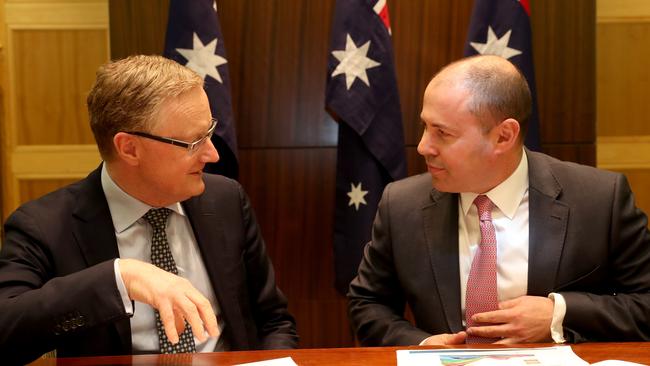 Treasurer Josh Frydenberg (right) with Reserve Bank governor Philip Lowe, whose cash rate setting means bank term deposit interest ain’t what it used to be. Picture: AAP/The Australian