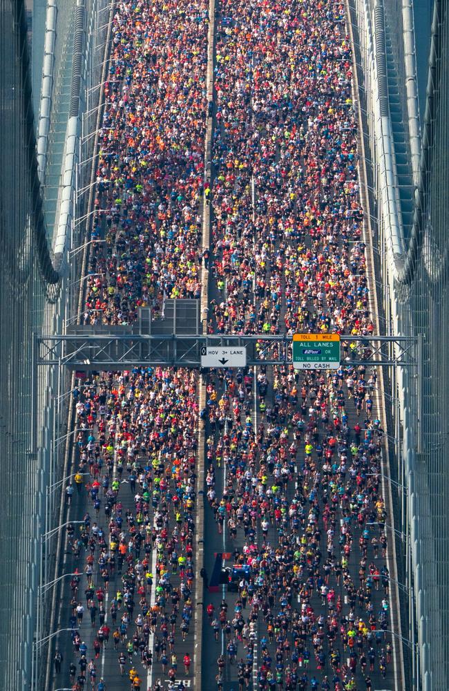 Runners compete as they cross over the Verrazzano-Narrows Bridge during the 2023 TCS New York City Marathon. Picture: Craig T Fruchtman/Getty Images