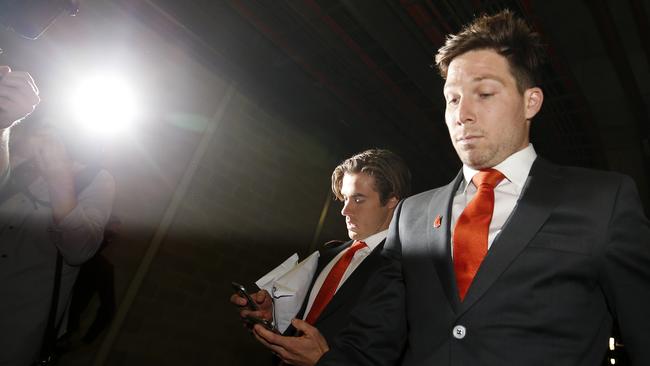 Toby Greene leaves the AFL Tribunal Hearing at AFL House on Tuesday after his ban was upheld. Picture: Darrian Traynor/Getty Images