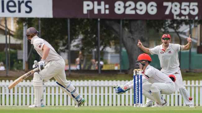 Kensington batsman Josh Doyle survives a dropped catch from Adelaide wicket keeper Alex Eckland. Picture: AAP Image/Brenton Edwards