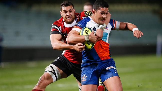 SYDNEY, AUSTRALIA - AUGUST 28: Rams Henry Taefu (right) is tackled by Vikings Jordan Smiler during the round two National Rugby Championship match between the Greater Sydney Rams and the Canberra Vikings at Pirtek Stadium on August 28, 2014 in Sydney, Australia. (Photo by Daniel Munoz/Getty Images)