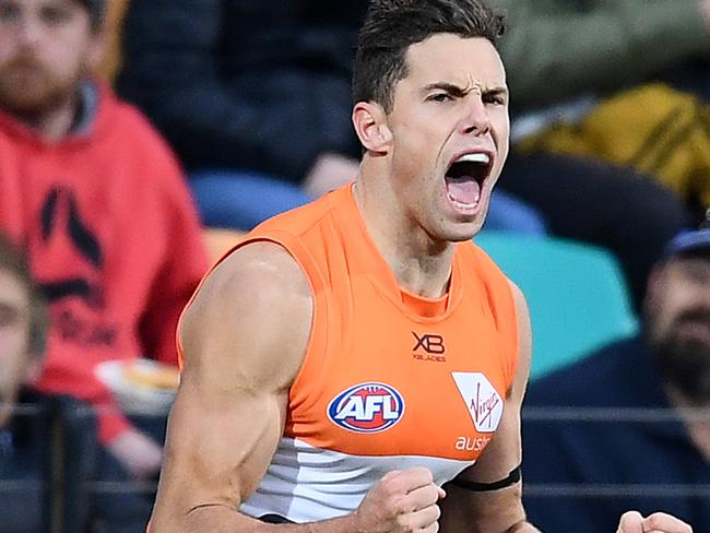 HOBART, AUSTRALIA - JUNE 16: Josh Kelly of the Giants celebrates kicking a goal during the round 13 AFL match between the North Melbourne Kangaroos and the Greater Western Sydney GIants at Blundstone Arena on June 16, 2019 in Hobart, Australia. (Photo by Quinn Rooney/Getty Images)