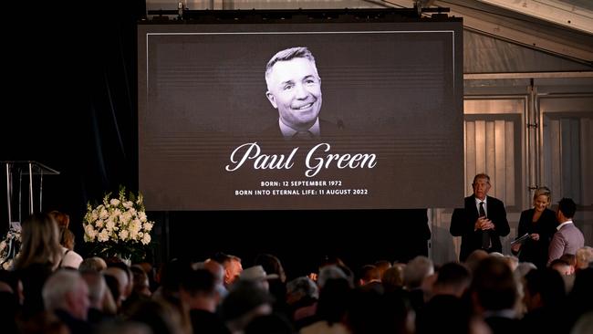 Paul Green was farewelled in a service at Kougari Oval in Brisbane. Picture: NCA NewsWire/Dan Peled