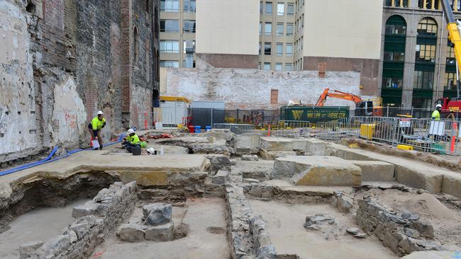 The remains of Melbourne's first school have been uncovered by the Metro Tunnel archaeological dig on Swanston St. Picture: Nicki Connolly