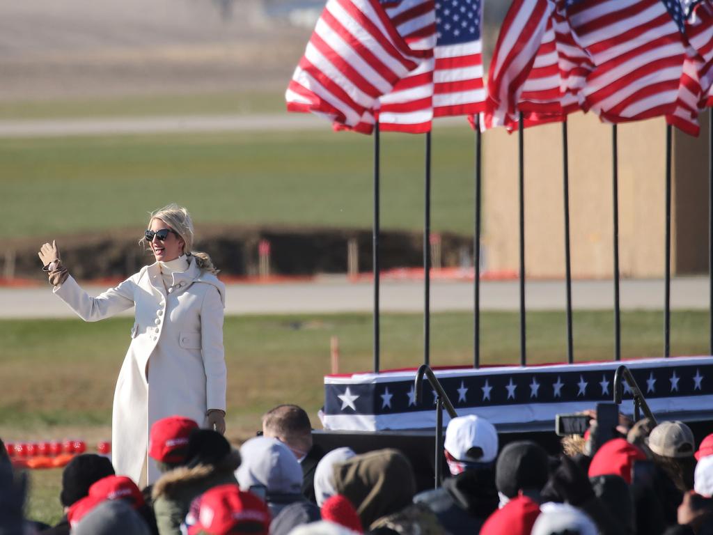 Ivanka Trump waves during a rally in Dubuque, Iowa. Picture: Mario Tama/Getty Images/AFP