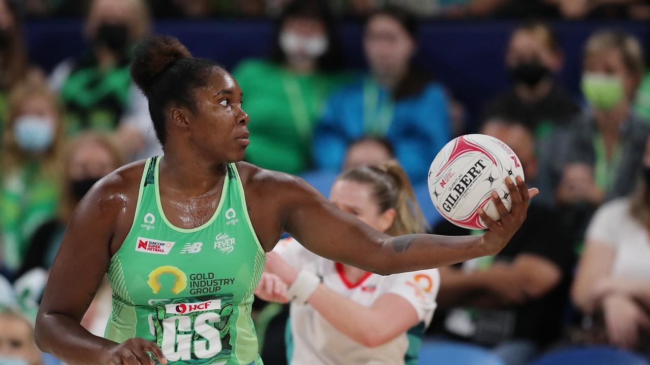 PERTH, AUSTRALIA - APRIL 17: Jhaniele Fowler of the Fever during the round five Super Netball match between West Coast Fever and NSW Swifts at RAC Arena, on April 17, 2022, in Perth, Australia. (Photo by Will Russell/Getty Images)