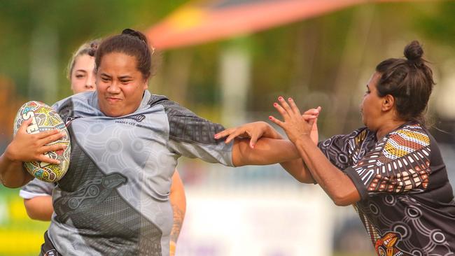 Christabel Aigea Faatoafe as the Indigenous All Stars take on the Territory All Stars in the senior women's rugby league Deadly Cup. Picture: Glenn Campbell