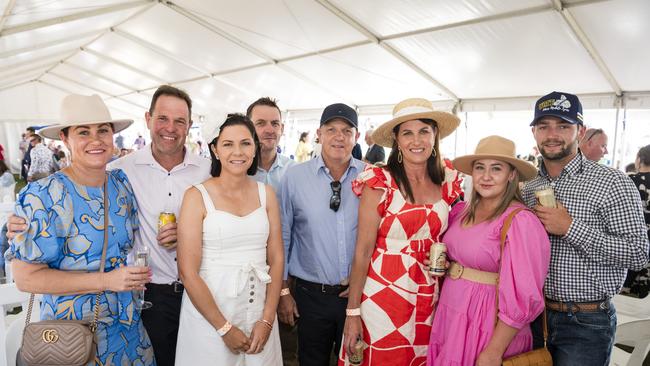 At Clifton Races are (from left) Melissa Johnston, Duane De Bortoli, Mandy De Bortoli, Andrew Richards, Trevor Mortimer, Leah Mortimer, Jessie Jones and Jacob Brown, Saturday, October 28, 2023. Picture: Kevin Farmer