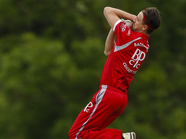 Rhys Elmi bowling for Baden Powell. Picture: Valeriu Campan