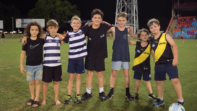 Solomon Jory, Jaxon Lee, Blake Mustin, Tenny Jory, Mason Cordwell, Jack Pinter and Sebastian Pinter to watch an AFL legend. Picture: (A)manda Parkinson