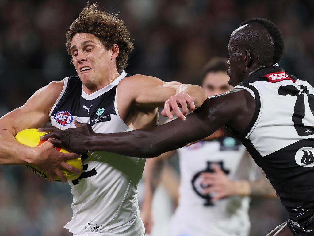 An incident similar to this last week was not paid against Curnow, tonight it was. (Photo by James Elsby/AFL Photos via Getty Images)