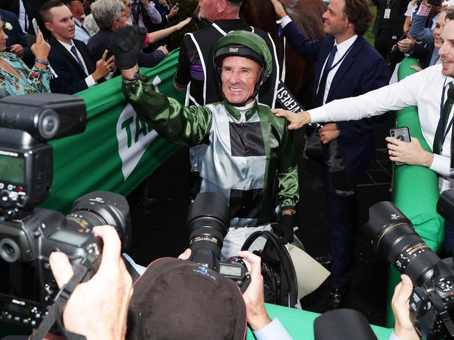 Champion jockey Glen Boss is all smiles after riding Yes Yes Yes to victory in the TAB Everest at Royal Randwick on October 19. Picture: Mark Metcalfe/Getty Images