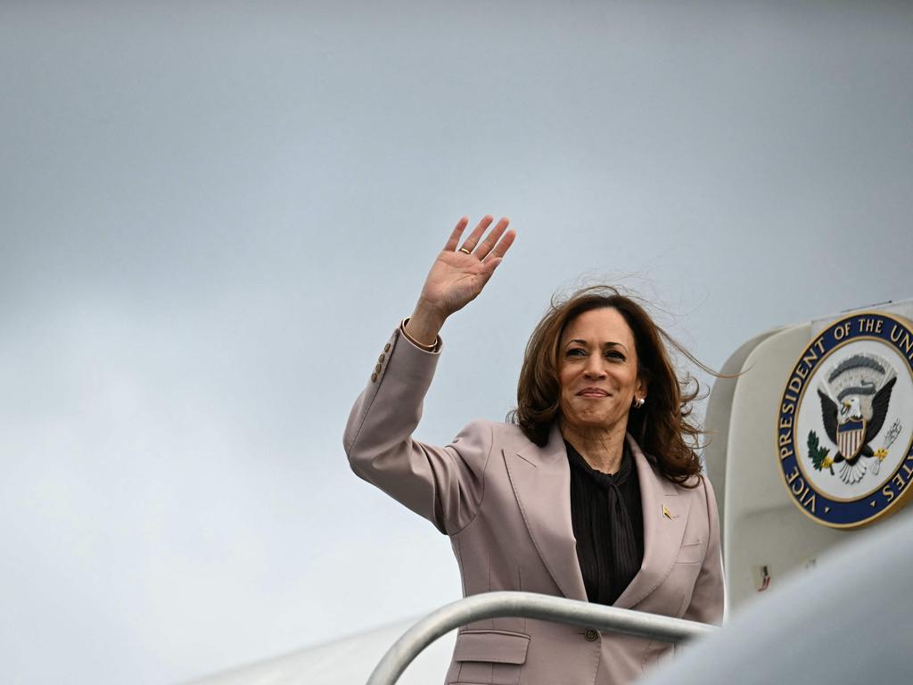 Kamala Harris waves as she boards air force Two at Philadelphia International Airport in Philadelphia on her way back to Washington after the interview. Picture: AFP