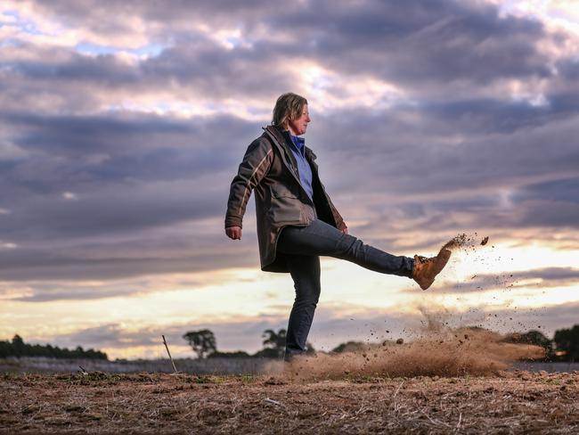 Western Victoria Green Drought. Farmer Kathryn Robertson with dryer than usual soil, on her property near Hamilton in Western Victoria. Picture: Alex Coppel