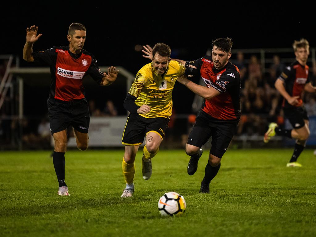 Edge Hill United's Chris O'Hare makes a runl in Saturdays FNQ Premier League grand finals at Endeavour Park. Picture: Emily Barker