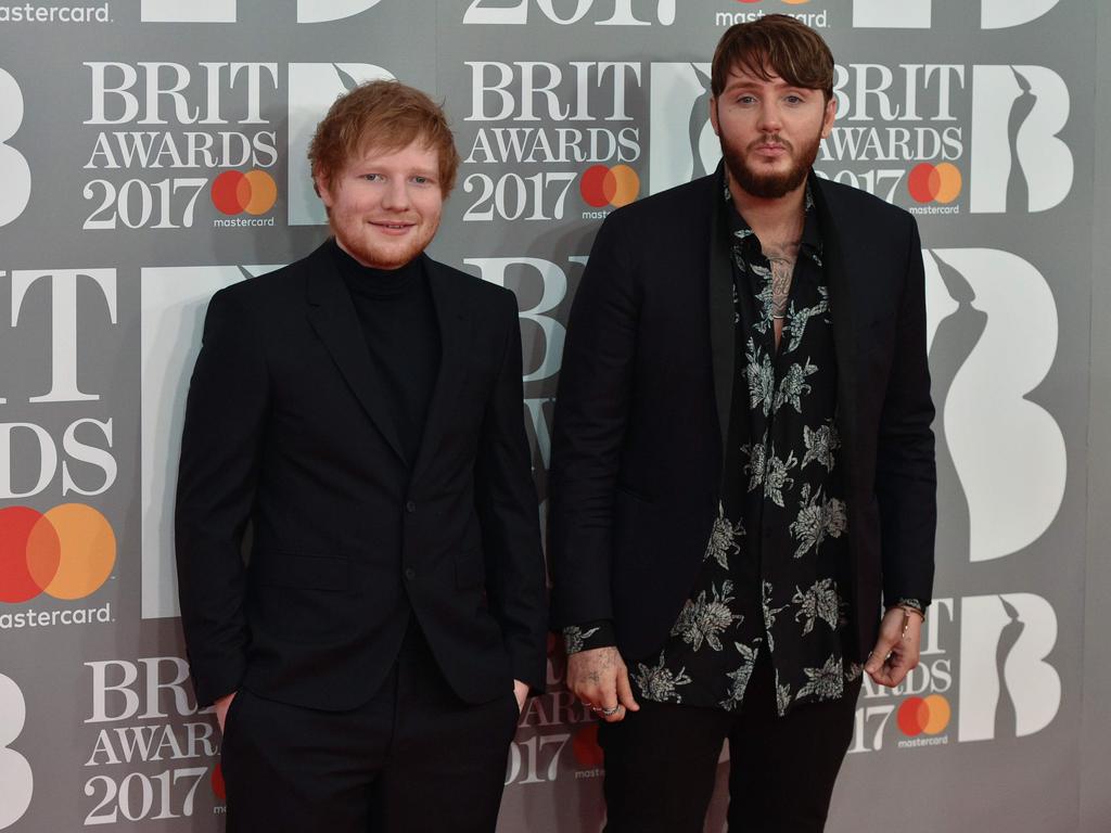 Ed Sheeran and James Arthur attend The BRIT Awards 2017 at The O2 Arena on February 22, 2017 in London, England. Picture: AFP