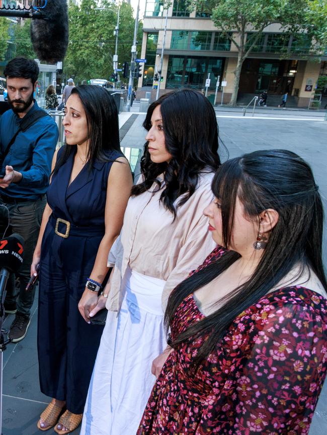 Sisters Elly Sapper, Nicole Meyer and Dassi Erlich speak outside Victorian County Court after a mixed verdict in the trial for accused former Melbourne school principal Malka Leifer. Picture: NCA NewsWire / David Geraghty