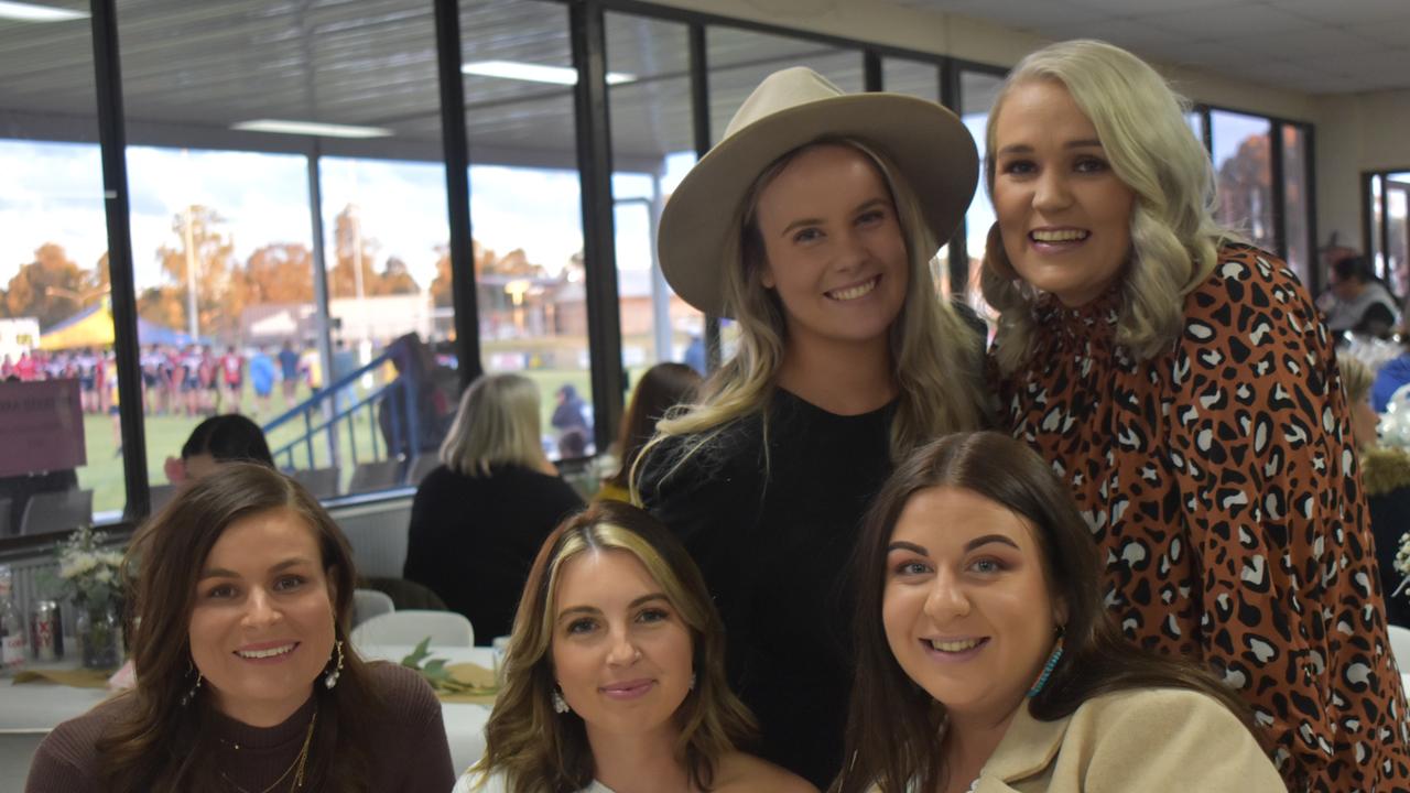 (Back) Marlie O'Shea, Jess Cantwell, (front) Kirstie Cruice, Tiff Cruice, and Ebony Freeman at the 2021 Warwick Cowboys Ladies' Day.