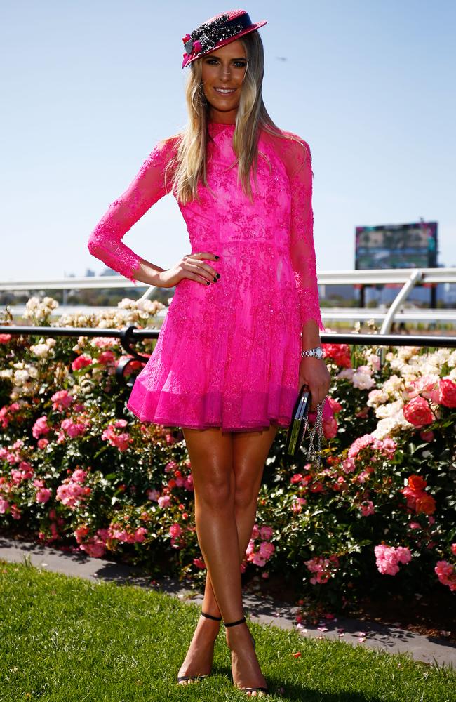 Myer Fashions on the Field Ambassador Georgia Connolly wore Alex Perry to Melbourne Cup Day at Flemington. Picture: Zak Kaczmarek/Getty Images for the VRC.