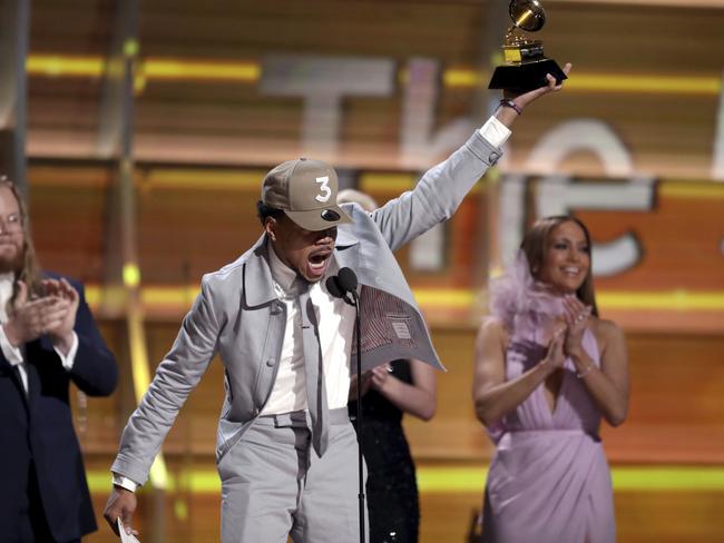 Chance The Rapper accepts the award for best new artist during The 59th GRAMMY Awards at STAPLES Center on February 12, 2017 in Los Angeles, California. Picture: AP