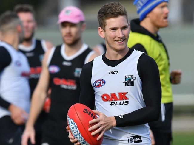 Kane Farrell of the Power is seen during a training session at Alberton Oval, in Adelaide, Friday, July 20, 2018. (AAP Image/David Mariuz) NO ARCHIVING