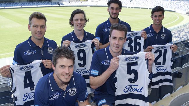 Geelong unveils its new recruits and their numbers: Shaun Higgins, Max Holmes, Paul Tsapatolis, Nick Stevens, Isaac Smith and Jeremy Cameron. Picture: Alan Barber