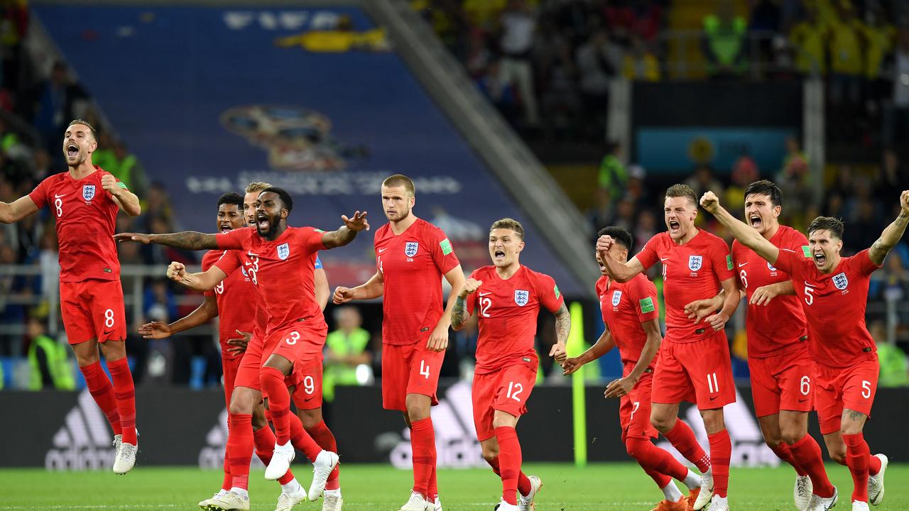 England players celebrate the penalty save by Jordan Pickford from Carlos Bacca of Colombia.