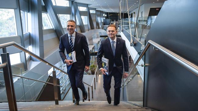 Premier Peter Malinauskas and Treasurer Stephen Mulligan arriving at the Convention Centre on Thursday. Picture: NewsWire / Roy VanDerVegt