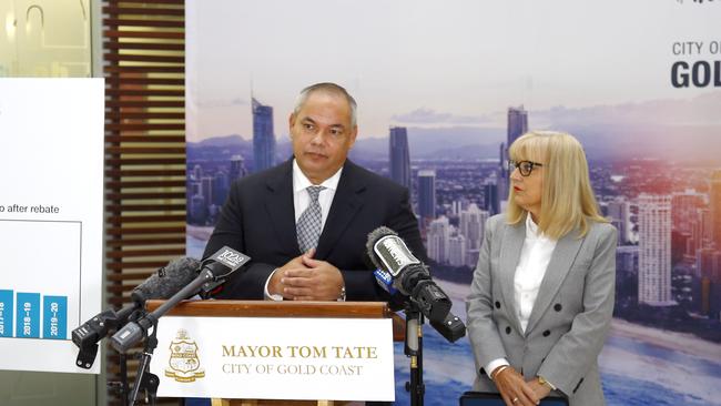 Gold Coast Mayor Tom Tate delivers the 2020-21 budget. Pictured with Deputy Mayor Donna Gates. Picture: Tertius Pickard