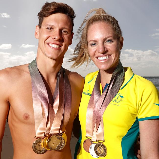 Emily Seebohm with her ex-boyfriend and fellow swimmer Mitch Larkin during the Gold Coast 2018 Commonwealth Games on April 11, 2018, months before they broke up. Picture: Michael Willson