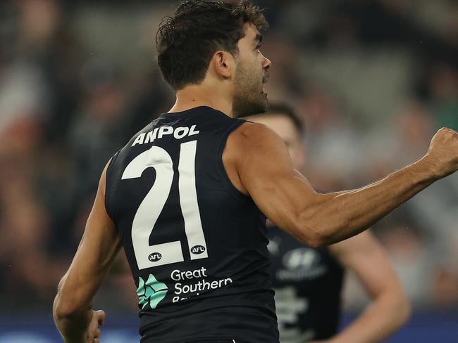 MELBOURNE, AUSTRALIA - MAY 09: Jack Martin of the Blues celebrates after scoring a goal during the round nine AFL match between Carlton Blues and Melbourne Demons at Melbourne Cricket Ground, on May 09, 2024, in Melbourne, Australia. (Photo by Robert Cianflone/Getty Images)