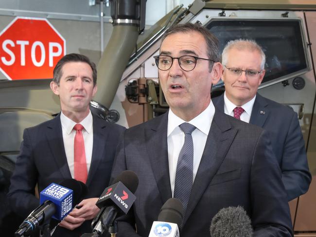 ADELAIDE, AUSTRALIA - NewsWire Photos March 31, 2021:  Prime Minister Scott Morrison in Adelaide to visit space and defence industries. (LtoR) Finance Minister Simon Birmingham, SA Premier Steven Marshall, and PM Scott Morrison. Picture: NCA NewsWire / Dean Martin