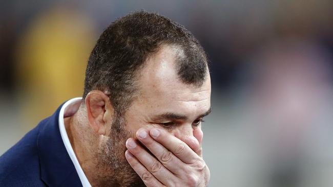 AUCKLAND, NEW ZEALAND - AUGUST 17: Head Coach Michael Cheika of the Wallabies looks on after losing The Rugby Championship and Bledisloe Cup Test match between the New Zealand All Blacks and the Australian Wallabies at Eden Park on August 17, 2019 in Auckland, New Zealand. (Photo by Anthony Au-Yeung/Getty Images)