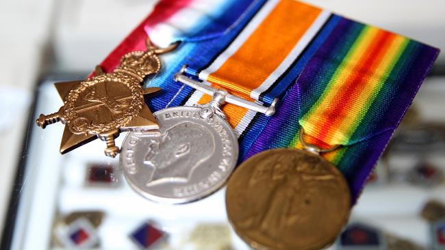 WWI General service medals — 1914/15 star, British War medal and the Victory medal. On display at Southside Antiques. Picture: RENAE DROOP