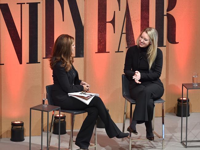 NBC News special anchor Maria Shriver (left) and Theranos founder Elizabeth Holmes speak onstage during a conference in California. Picture: Mike Windle/Vanity Fair